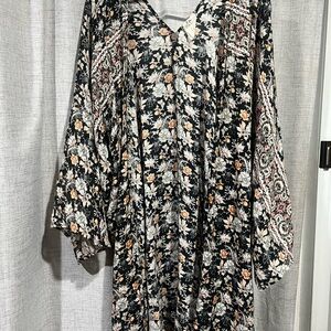 Free People Floral V-Neck Kimono - Black and Orange